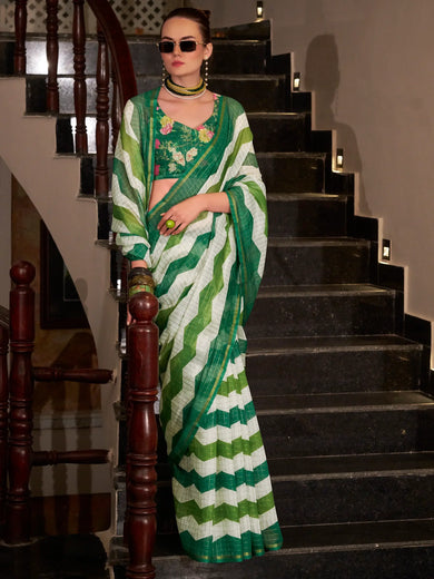 Fabulous Green Cotton Traditional Saree With Floral Printed Blouse